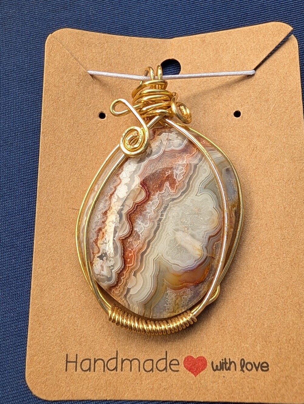 Handmade Gold Wire Wrapped Lace Agate Pendant Necklace - Brown & Cream